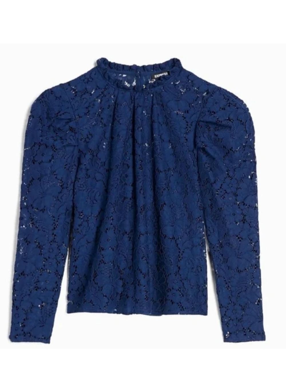 Express Floral Lace Mock Neck Long-Sleeve Blouse in Navy Size M